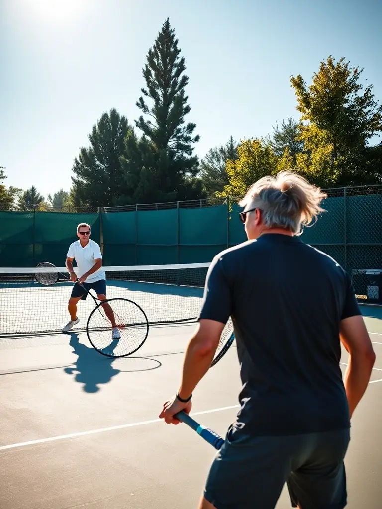 A photo of adult tennis players engaged in a friendly doubles match, showcasing teamwork and sportsmanship on the court.