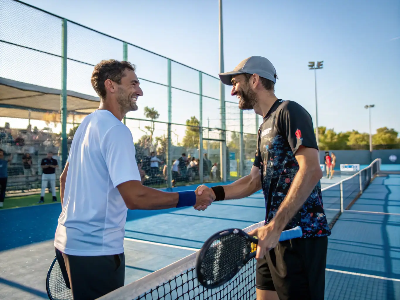 A photograph capturing a moment of sportsmanship between two tennis players shaking hands after a match, set against the backdrop of the club's facilities, emphasizing respect and fair play.