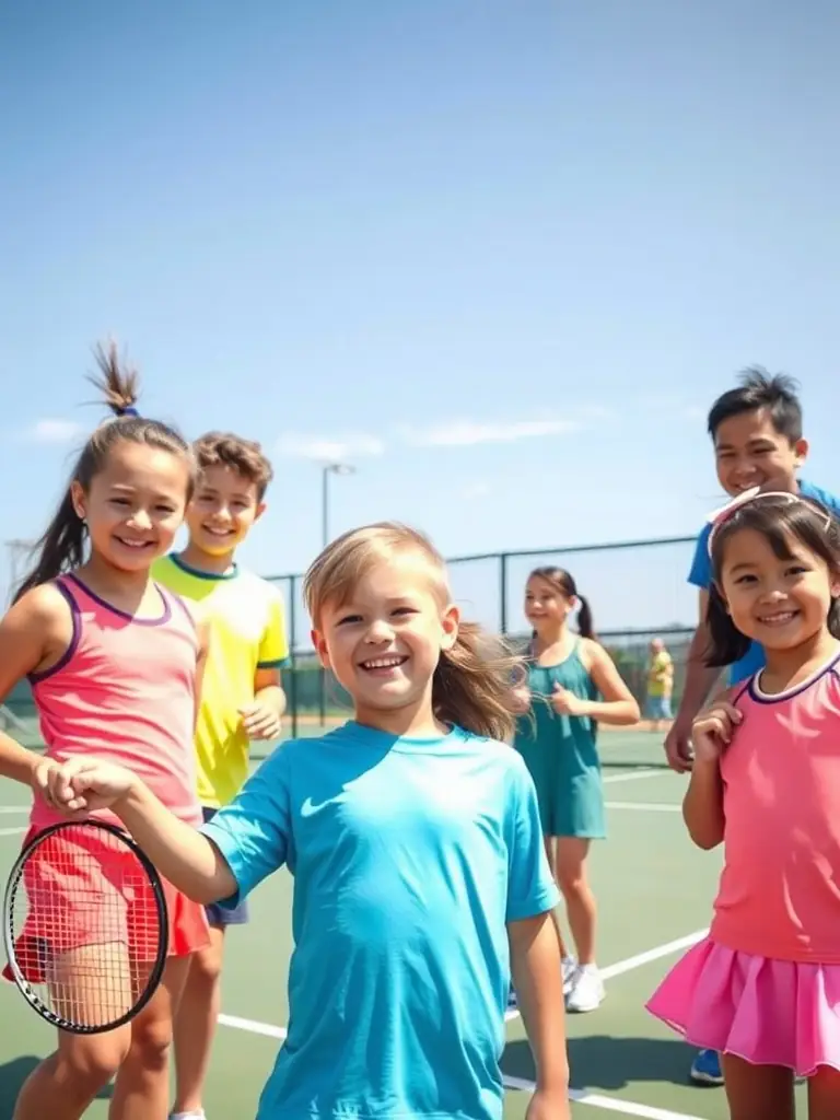 A dynamic image of children participating in a tennis clinic, focusing on their enthusiastic expressions and active engagement with the sport.