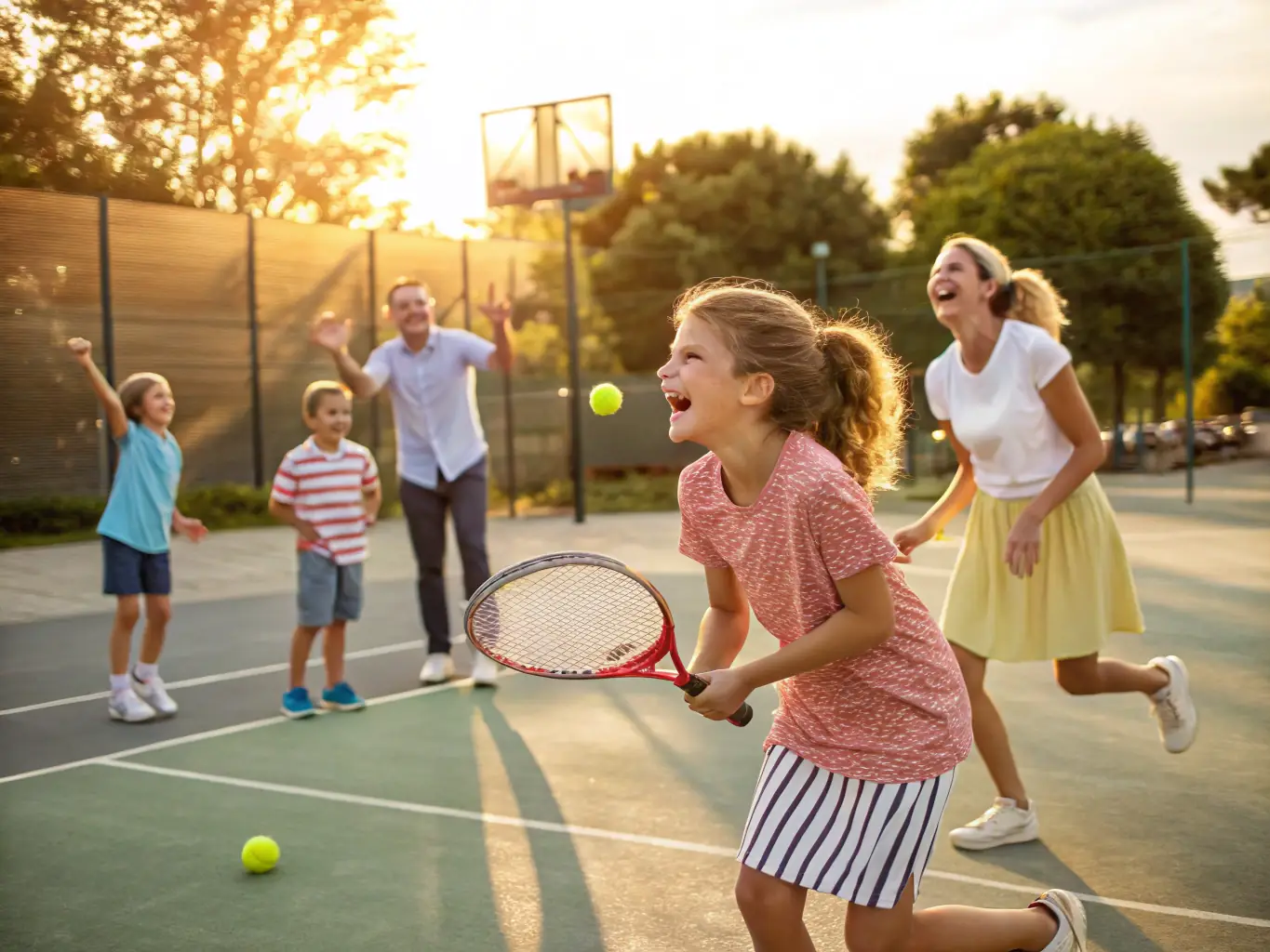 An image showing different generations of tennis players interacting and sharing tips on the court, highlighting the club's commitment to intergenerational exchange and learning.