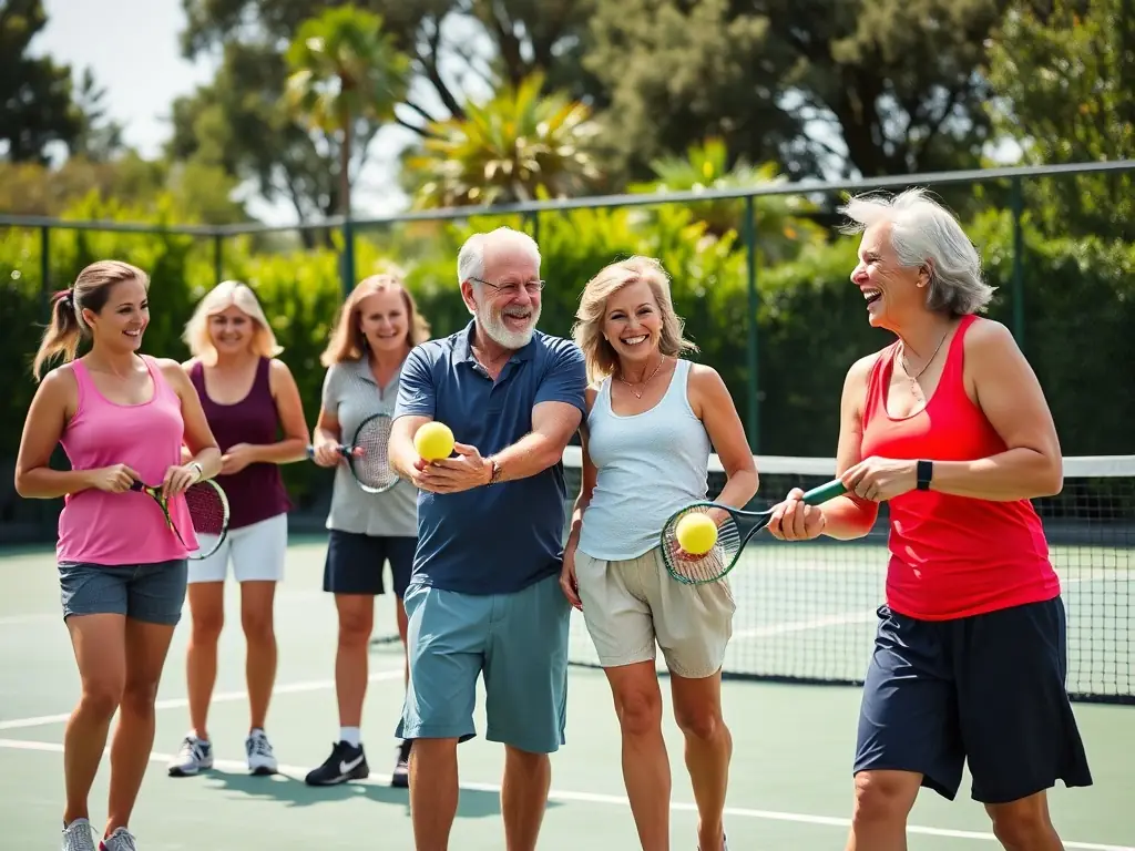 A group of diverse individuals, including children, adults, and seniors, are participating in a friendly tennis match on well-maintained courts, with lush greenery in the background, symbolizing community and inclusivity.